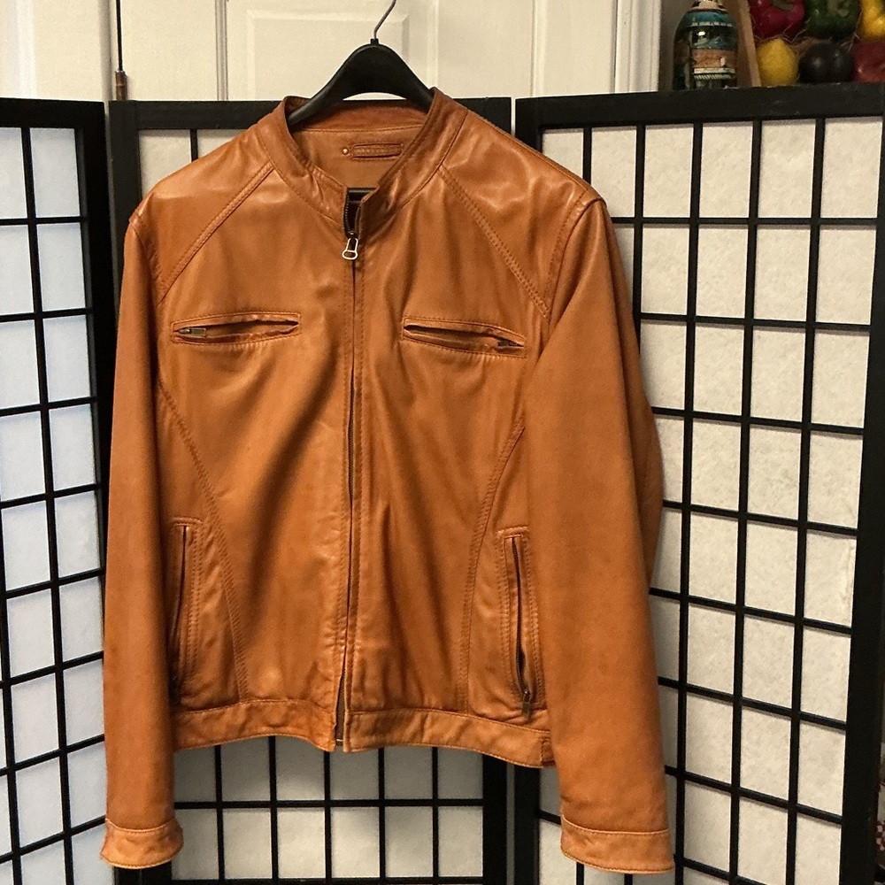 Men's Cognac Leather Jacket - Casual Zip Front a very small snag, in picture two